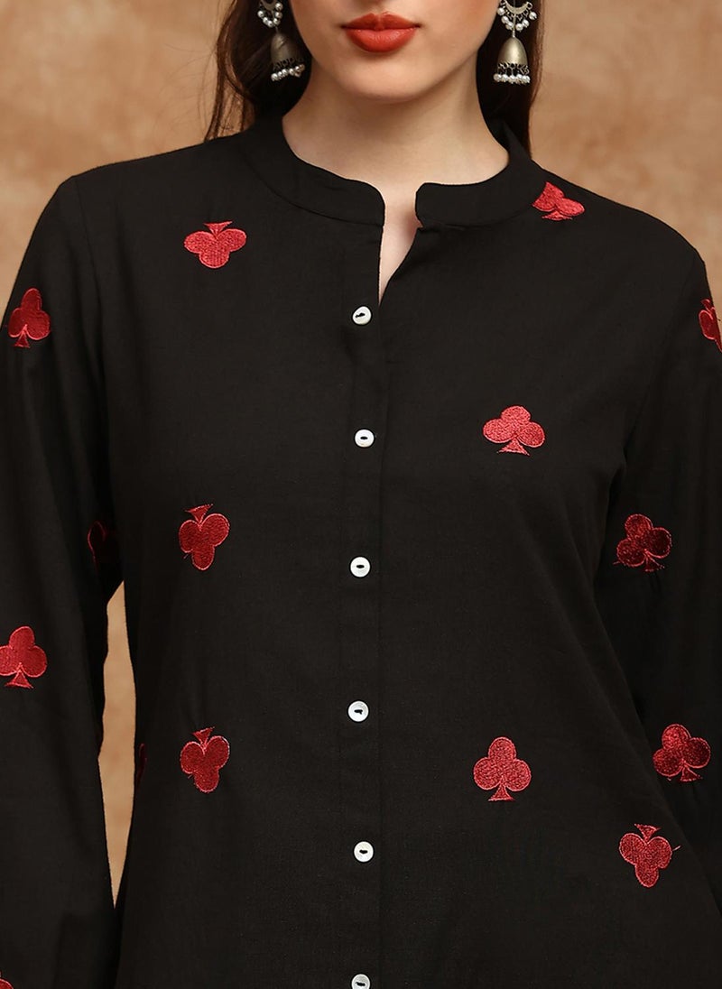 Globus Women Black Mandarin Collar Bishop Sleeves Embroidered Detail Button Down Straight Kurta With Lace Detail Pants Fusion Set - Image 5